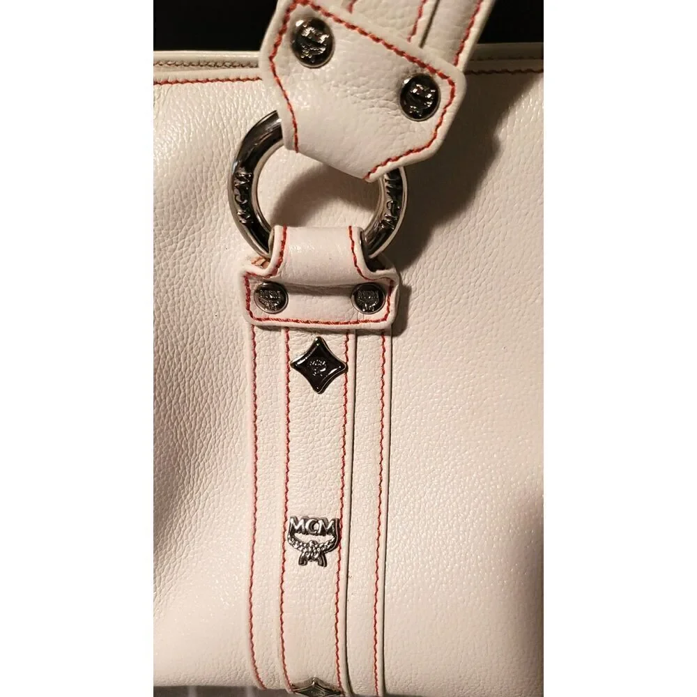 MCM White Leather Shoulder Bag with Red Stitching